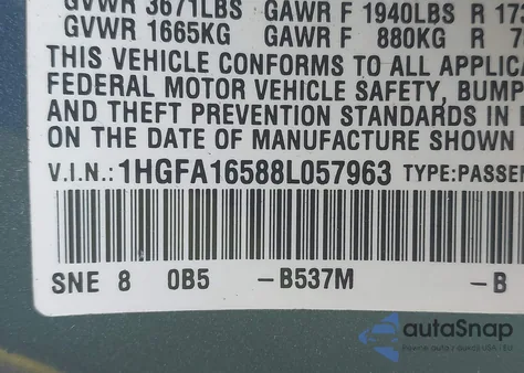 2008 Honda Civic Lx z USA, uszkodzony, nr VIN 1HGFA16588L057963